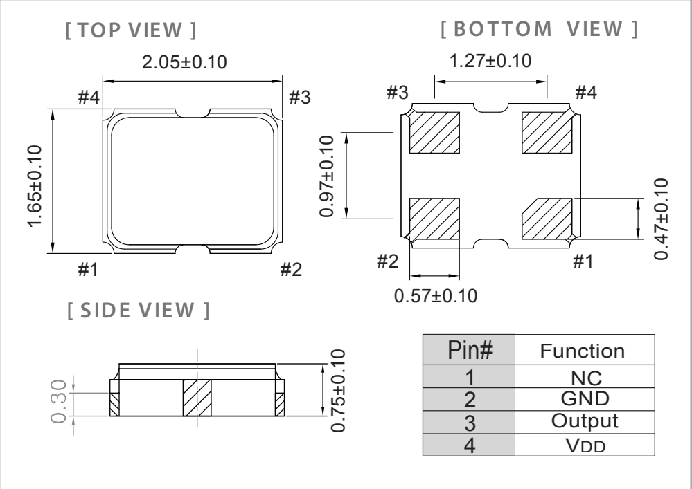 Outline Dimension & Pin Connections of of SMD 2.05 X 1.65 Mm, Low Power Supply Voltage, Tight Symmetry, Tri-State Enable SPXO