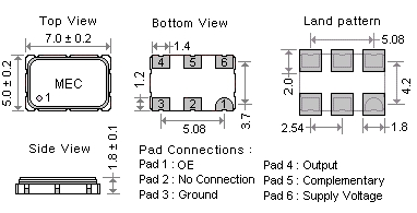 Outline Dimension & Pin Connections of SMD,Small Size (7.0*5.0mm),Low Jitter SPXO